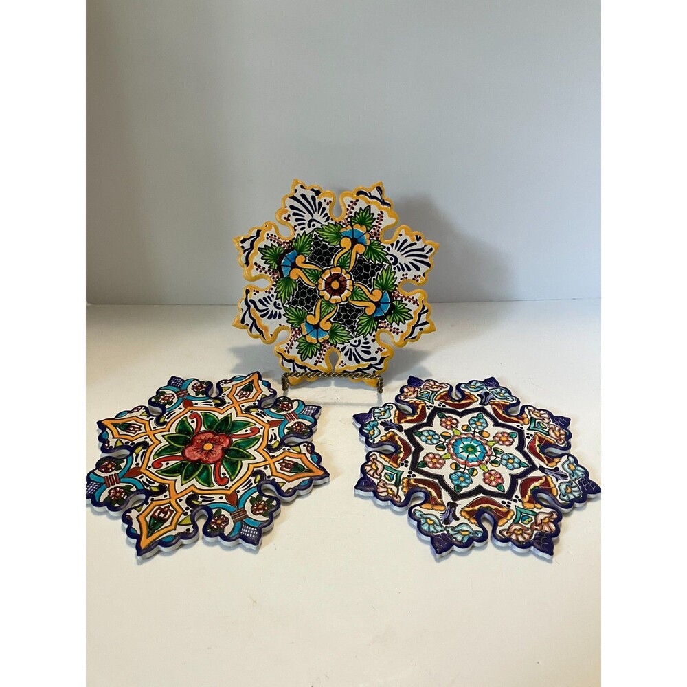 Set of 3 Talavera Style Ceramic Trivets Hand Painted Floral Colorful Kitchen Dec